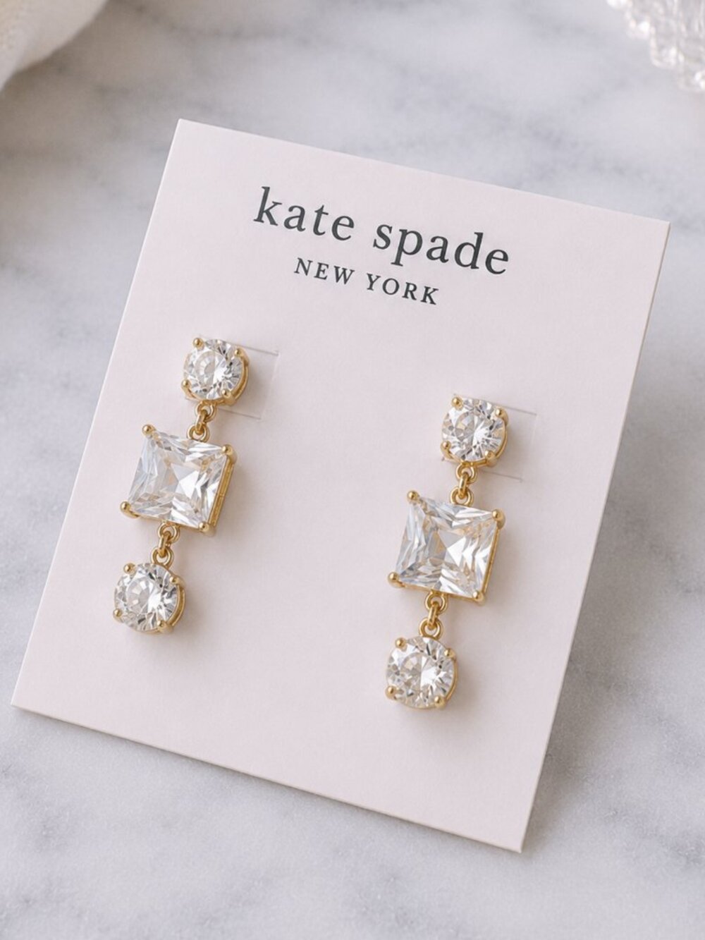 Kate Spade Crystal Drop Earrings Gold Clear CZ Statement Dangle Earrings